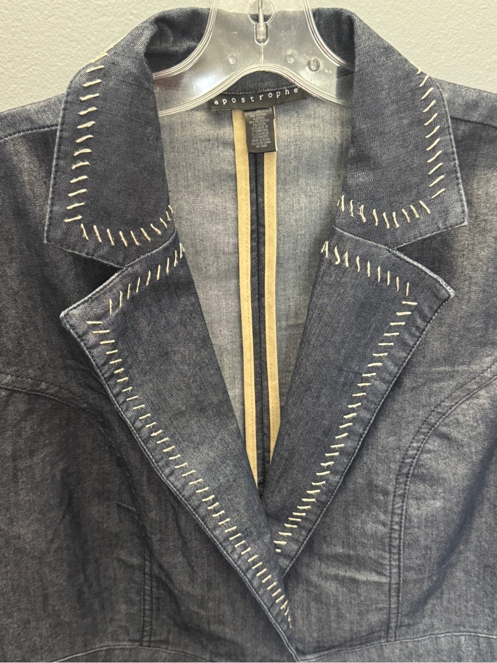 Apostrophe Denim Indigo Blazer Jacket Whipstitch Detail Size 10 Jean Jacket